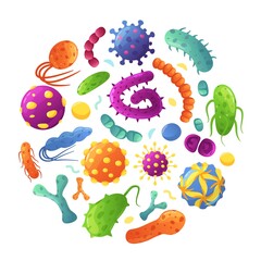 Cartoon germs in circle. Bacteria, cancer cells, viruses, germs, microorganisms. Various disease causing microbe and pathogen organism vector set. Microscopic infections, science research