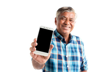 An elderly man smiling hold a smartphone showing isolated on white background.