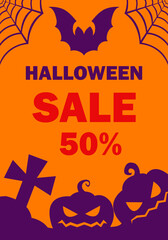 the poster of the sale in honor of Halloween. holiday discounts. bright billboard. the inscription on the background of silhouettes. a combination of orange and purple. vector illustration