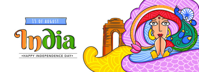 India Happy Independence Day Concept With Colorful Indian Woman Doing Namaste, Peacock Bird And India Gate Monument On White Background.