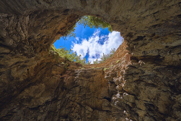 Hole in the rocky ceiling at the lake Proval in Pyatigorsk
