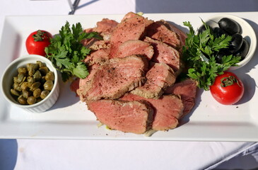 Grilled ribeye beef steak, herbs and spices