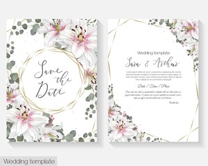 Greeting card for wedding invitation. White lilies, eucalyptus, elegant twigs, polygonal gold frame . Floral template for your text.