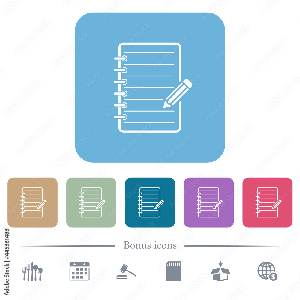 Poster spiral notepad with pencil flat icons on color rounded square backgrounds