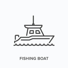 Obraz premium Fishing boat flat line icon. Vector outline illustration of ship. Black thin linear pictogram for food vessel