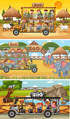 Set of different safari horizontal scenes with animals and kids cartoon character © brgfx