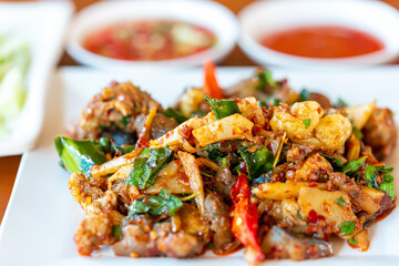 Spicy fried soft-shelled turtle with with Thai herbs
