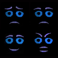 sad face of a robot with blue eyes on a black background, artificial intelligence