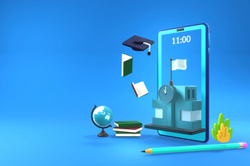School online education with a mobile application with school building, books, pencils, world globe, graduation cap on gradient blue background. Online training course. Digital Library. 3D rendering.
