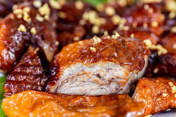 Slices of roast duck with sauces 
