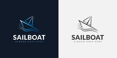 Blue Sailboat Logo Design with Line Style, Suitable for Travel or Tourism Industry Logos