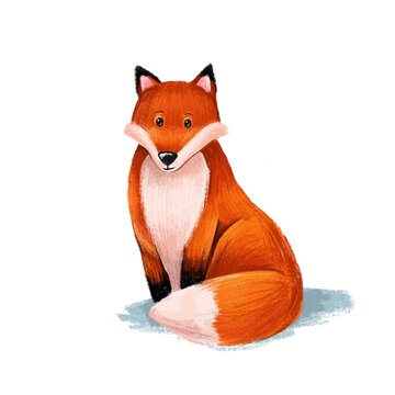 The fox is sitting The red fox is sitting. Cute red fox. Children's drawing of a fox