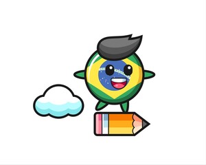 brazil flag badge mascot illustration riding on a giant pencil