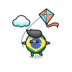 brazil flag badge mascot illustration is playing kite