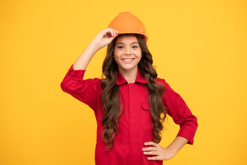 making repairs. teen girl in hard hat. child wear helmet for building. protection and safety.