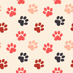 Paws of a cat, dog, puppy. Chaotic multi-colored footprints of pets on a pink background. Seamless pattern for trendy fabrics, veterinary clinic banners, decorative pillows for animals. Vector.