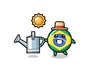 Cartoon character of brazil flag badge holding watering can