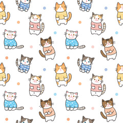 Seamless Pattern with Cute Cat Illustration Design on White Background