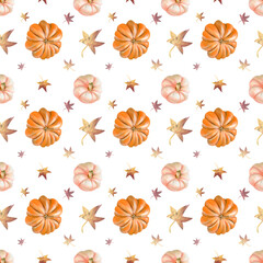 Autumn seamless pattern. Hand-drawn watercolor illustration. Leaves and pumpkins, hand-drawn. Autumn pattern in the style of a color sketch