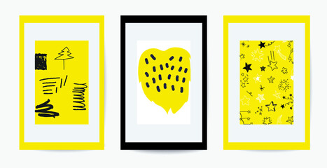 Vector template set of cute yellow doodle for wall, fashion hand drawing texture, street art style, old school design