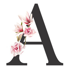 Floral Alphabet, floral set letters with watercolor painting flowers magnolia and leaves. Isolated monogram initials perfectly for wedding invitations, greeting card, logo, poster and other. 