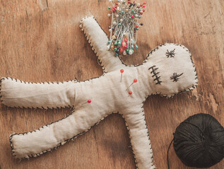 Voodoo magician doll, magic control of person. Concept of old spell, power