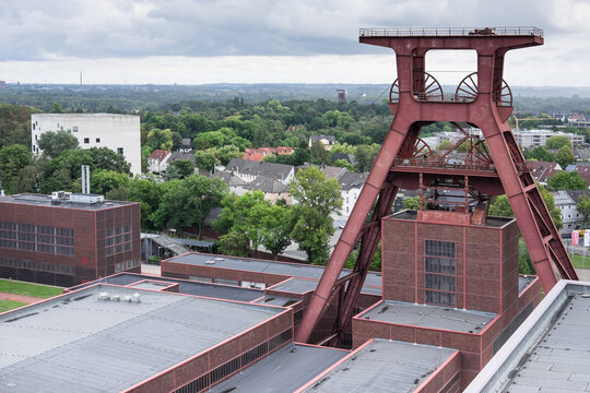 Aerial panoramic view of Zeche Zollverein, Zollverein Coal Mine Industrial Complex, from rooftop of Ruhr museum in Ruhr region in Essen, Germany. SEPTEMBER 07, 2019: 