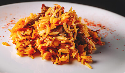 Rice with Vegetables and Meat in white plate