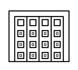 Side sliding sectional garage door. Black & white vector illustration. Line icon of closed warehouse gate. Symbol for exterior design element. Isolated object