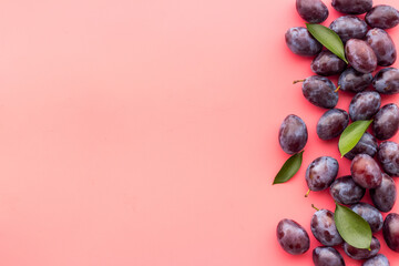 Layout set of ripe purple plums. Top view