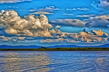 The majestic clouds hang over the lake