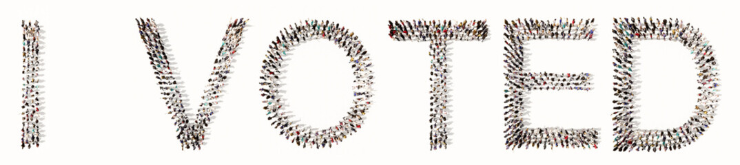 Concept  or conceptual large community of people forming I VOTED slogan. 3d illustration metaphor for election, duty, right, patriotism,  citizen's choice, democracy, national or local