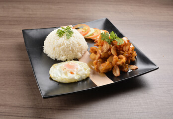 stir fried chicken meat in garlic soy sauce with white rice and fried egg on wood background asian halal set lunch menu