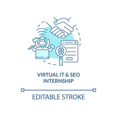 Virtual IT and SEO internship concept icon. Remote internship abstract idea thin line illustration. Gain knowledge about high-tech innovations. Vector isolated outline color drawing. Editable stroke