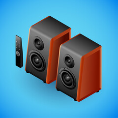Realistic sound speakers in isometry. Vector isometric illustration of electronic device, speakers with remote control. Portable electronic gadget isolated on blue background