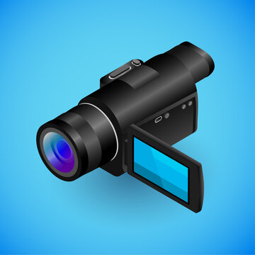 Realistic camera-recorder in isometry. Vector isometric illustration of electronic device, video camera 3d icon. Portable electronic gadget, black camera isolated on blue background