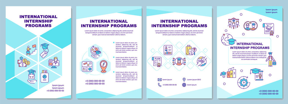 International internship programs brochure template. Intern abroad. Flyer, booklet, leaflet print, cover design with linear icons. Vector layouts for presentation, annual reports, advertisement pages