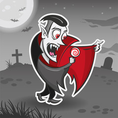 Vampire Dracula cartoon character. Halloween sticker. Halloween monster. Vector holiday illustration for stickers and decorations. Funny vampire holding lollipop in hand.