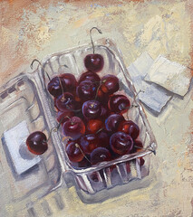 Cherries in plastic box from food delivery, original oil painting on canvas