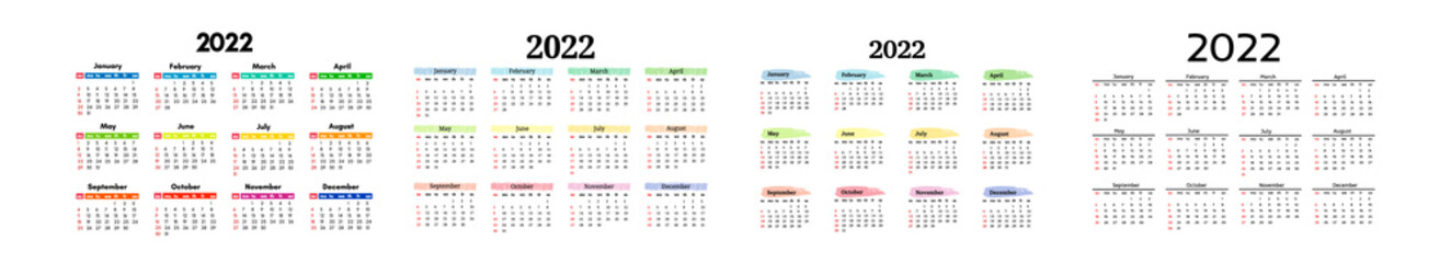 Calendar for 2022 isolated on a white background