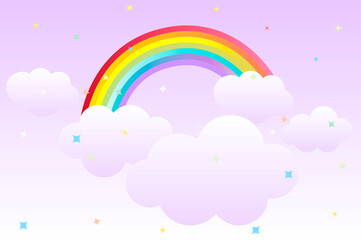 Cartoon background with rainbow in the sky and clouds for graphic design.