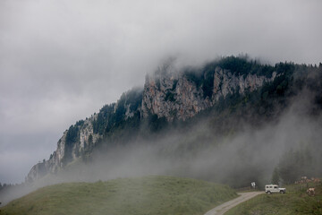 bad weather and fog on mountain named Rote Wand near Fladnitz on Teichalm in Styria, Austria