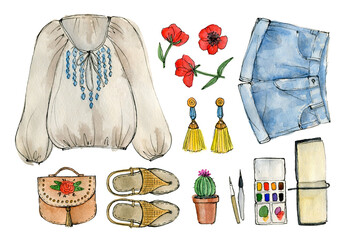 summer fashion outfit in boho style, set of clothes and accessories. watercolor illustration, isolated elements.