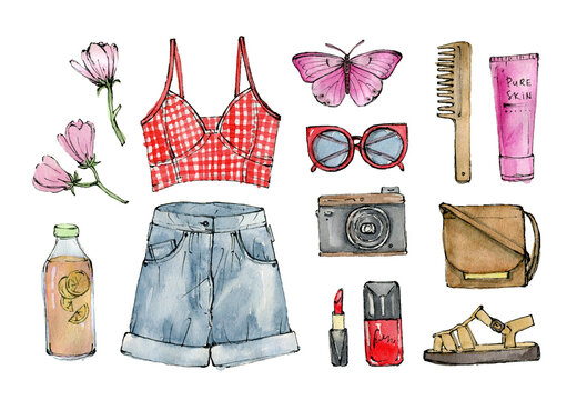 summer fashion outfit, set of clothes and accessories. watercolor illustration, isolated elements.