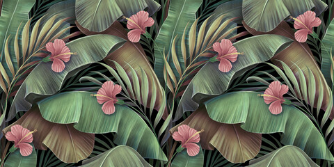 Fototapety  Tropical seamless pattern with hibiscus flowers, beautiful palm, banana leaves. Hand-drawn vintage 3D illustration. Glamorous exotic abstract background art design. Good for luxury wallpapers, clothes