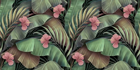 Tapeten Tropisches nahtloses Muster mit Hibiskusblüten, schöne Palmen, Bananenblätter. Handgezeichnete Vintage 3D-Illustration. Bezauberndes exotisches abstraktes Hintergrundkunstdesign. Gut für Luxustapeten, Kleidung © alenarbuz