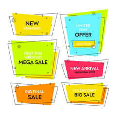 Set of trendy bright colorful modern abstract vector banners. Flat geometric shapes in different colors with black outline in memphis design style. The template is ready for use in web or print design