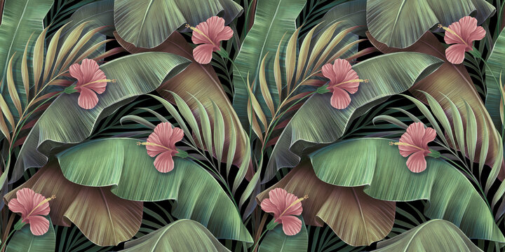 Tropical seamless pattern with hibiscus flowers, beautiful palm, banana leaves. Hand-drawn vintage 3D illustration. Glamorous exotic abstract background art design. Good for luxury wallpapers, clothes © alenarbuz