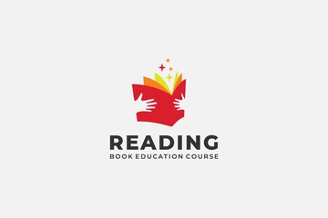 reading book logo with hand silhouette Open Book . book shape with twinkle star. Usable for Business, online course, book store and Education Logos. Flat Vector Logo Design Template Element.