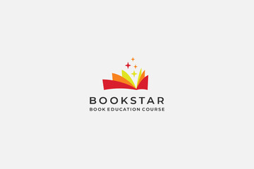 Open Book Logo Education. book shape with twinkle star isolated on White Background. Usable for Business, online course, book store and Education Logos. Flat Vector Logo Design Template Element.